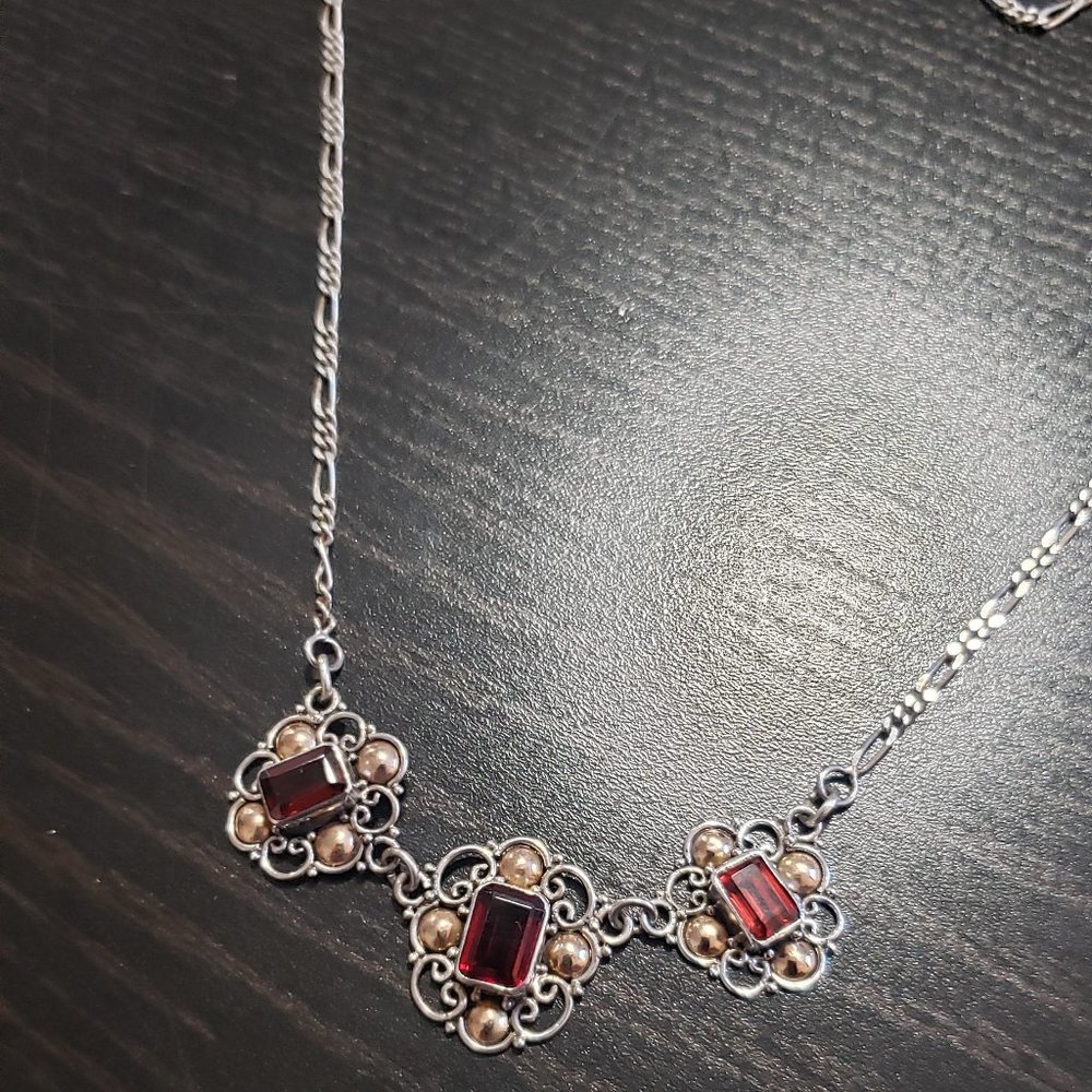 Vintage necklace 925 silver with brass inlay and three garnet stones